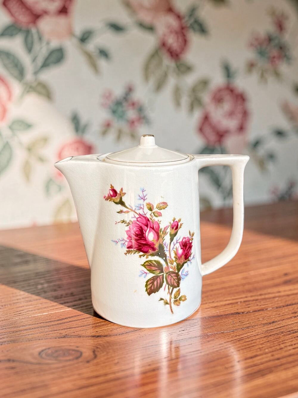 Vintage MCM Porcelain Coffee Pot Teapot Pink Roses Gold Trim Floral Crazed